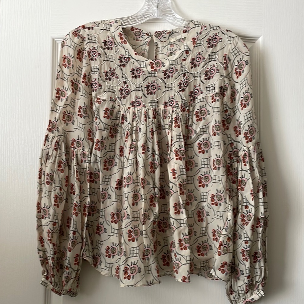 Anthropologie Cream Floral Smocked Yoke Peasant Top